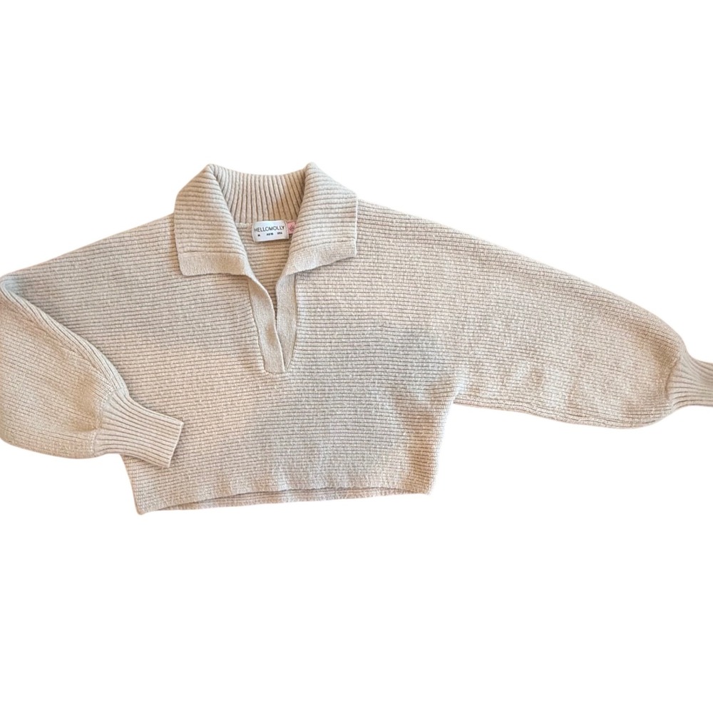 Y2K Hello Molly Beige Ribbed Knit‎ Cropped Polo Sweater Balloon Sleeve Womens M